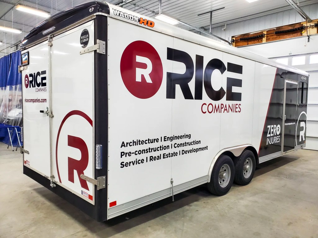 Local contractor trailer with professional fleet graphics Fargo ND