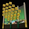 3D rendering of NDSU-branded display sign showing a side angle of the green and gold stacked cube structure with NDSU logos and photo panels